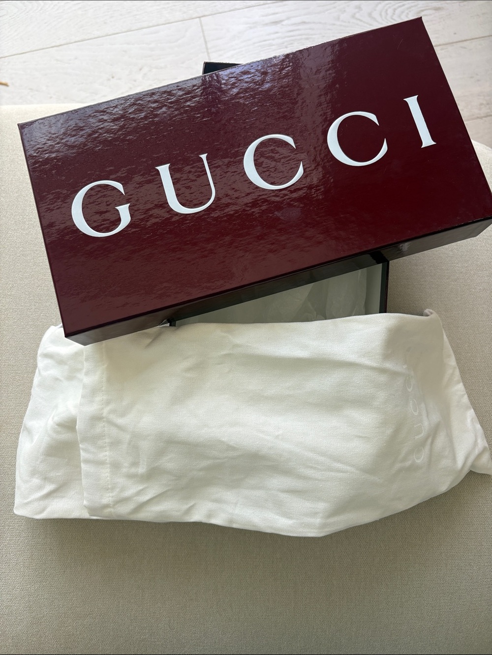 Gucci White Dust Bag and Burgundy Shoe Box